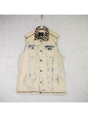 VTG i-Link Distressed Denim Vest With Zebra Faux Fur Collar & Studded Womens XL